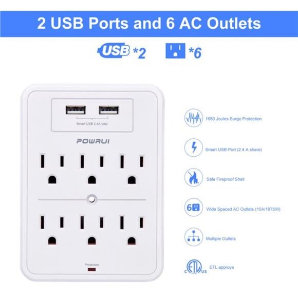Surge Protector, USB Wall Charger with 2 USB Charging Ports(Smart 2.4A Total) - Picture 2 of 8